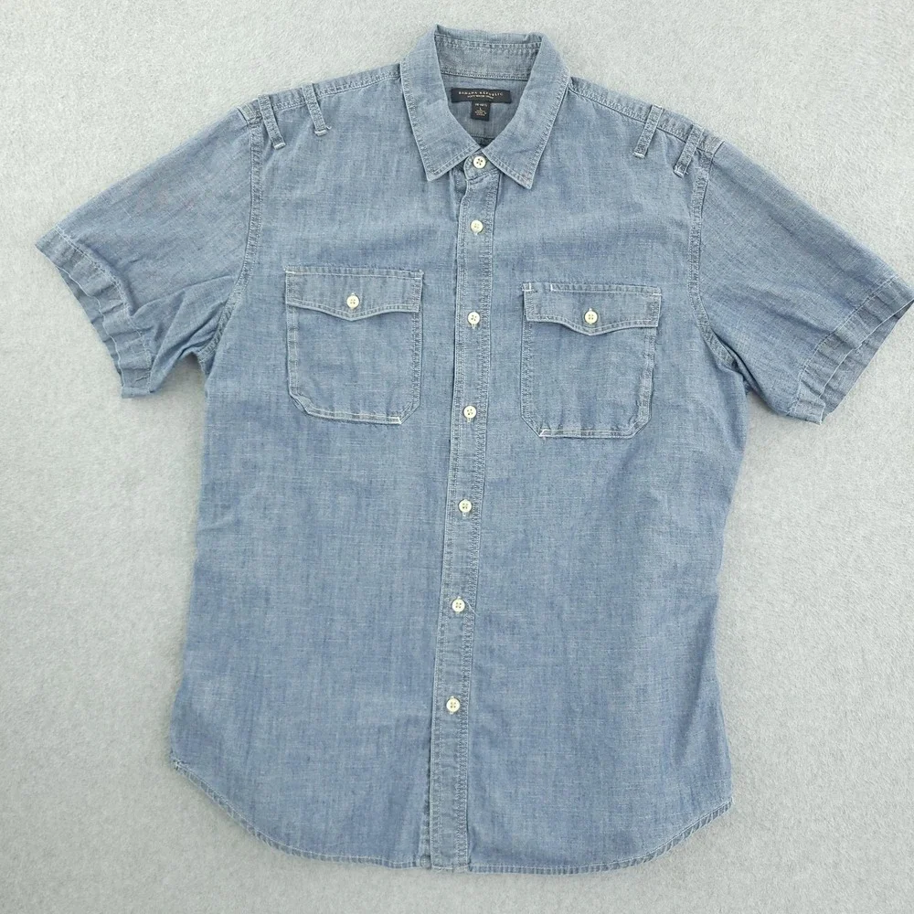 Banana Republic Shirt Mens L Blue Chambray Short Sleeve Button Up Soft Wash